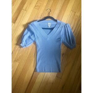 Worthington Womens Blue Ribbed V-Neck Puff Short Sleeve Knit Sweater Top Size M